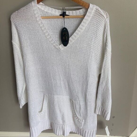 NWT Cupio Women's Large White Sweater V-Neck Loose Knit Long Beach - Picture 13 of 13